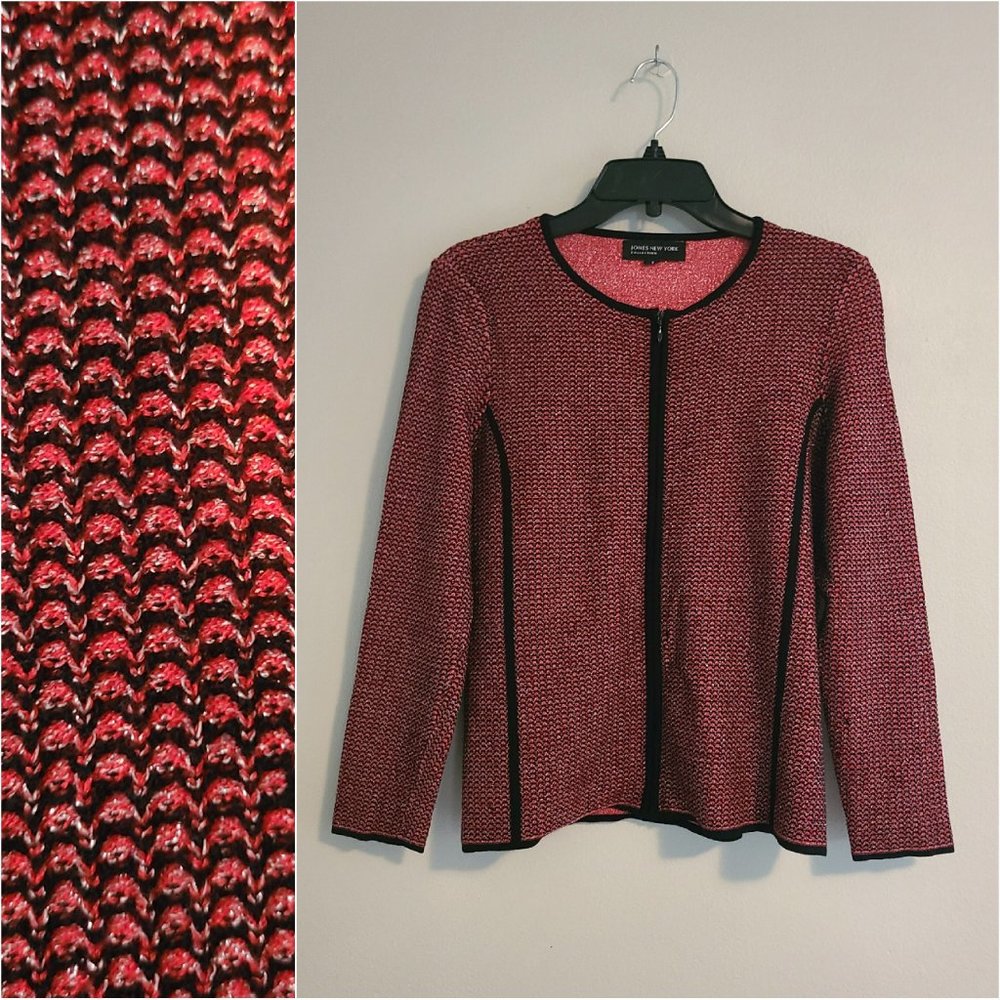 Jones New York Collection Red Black Silver Knit Zipper Cardigan Sweater Jacket